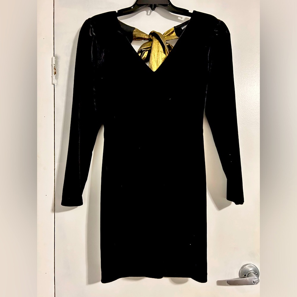 Black velvet midi backless dress with bronze bow on back